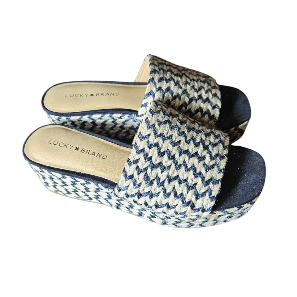 Lucky Brand Navy and Cream Woven Platform Slide Mules